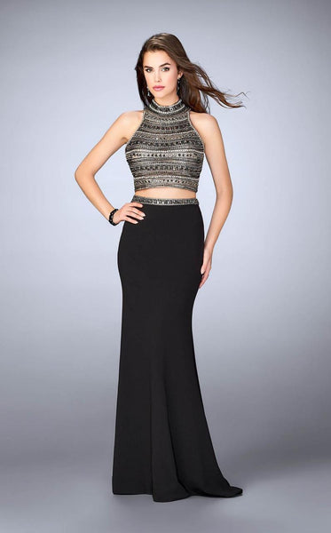 Floor Length Sheath High-Neck Open-Back Jeweled Belted Beaded Back Zipper Illusion Jersey Sheath Dress/Evening Dress with a Brush/Sweep Train