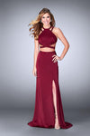 Sexy Beaded Slit Floor Length Natural Waistline Jersey Halter Prom Dress