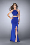 Sexy Slit Beaded Natural Waistline Floor Length Halter Jersey Prom Dress