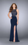 Sheath Bateau Neck Floor Length Jersey Back Zipper Jeweled Illusion Racerback Slit Embroidered Cutout Sheer Lace Trim Natural Waistline Sheath Dress/Evening Dress with a Brush/Sweep Train