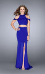 Sheath Floor Length Jersey Natural Waistline Open-Back Belted Back Zipper Slit Halter Sheath Dress with a Brush/Sweep Train With Rhinestones