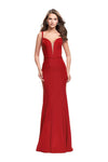 V-neck Floor Length Sleeveless Jersey Back Zipper Belted Open-Back Mesh Fitted Plunging Neck Sheath Natural Waistline Sheath Dress with a Brush/Sweep Train