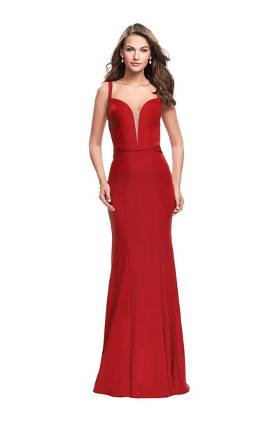 V-neck Natural Waistline Jersey Sheath Plunging Neck Floor Length Fitted Open-Back Mesh Back Zipper Belted Sleeveless Sheath Dress with a Brush/Sweep Train