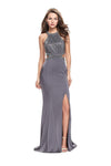 Tall Sexy Sleeveless Sheath Floor Length Halter Natural Waistline Sheer Back Zipper Cutout Fitted Slit Glittering Sequined Beaded Sheath Dress with a Brush/Sweep Train With Rhinestones