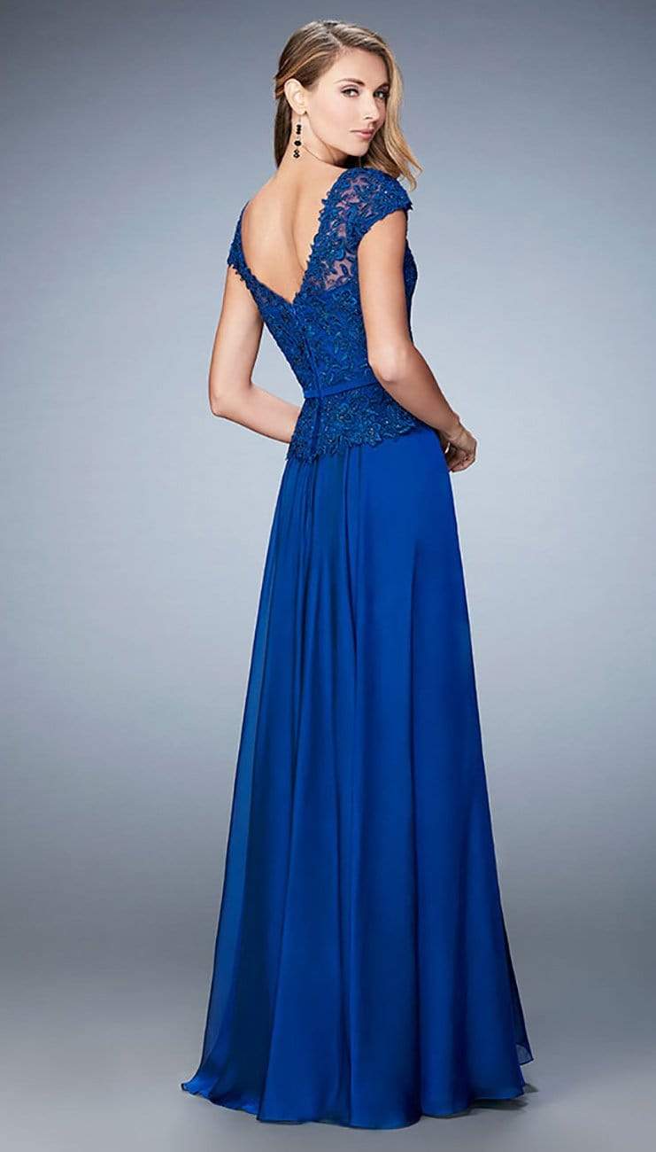 La Femme - Rosette Peplum Chiffon Gown 23085SC - 1 pc Marine Blue in S ...