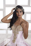 Strapless Basque Corset Waistline Plunging Neck Sweetheart Glittering Applique Jeweled Lace-Up Crystal Sheer Pleated Beaded Illusion Dress with a Court Train With a Ribbon