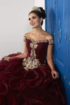 Off the Shoulder Glittering Beaded Basque Corset Waistline Ball Gown Dress with a Brush/Sweep Train With Ruffles