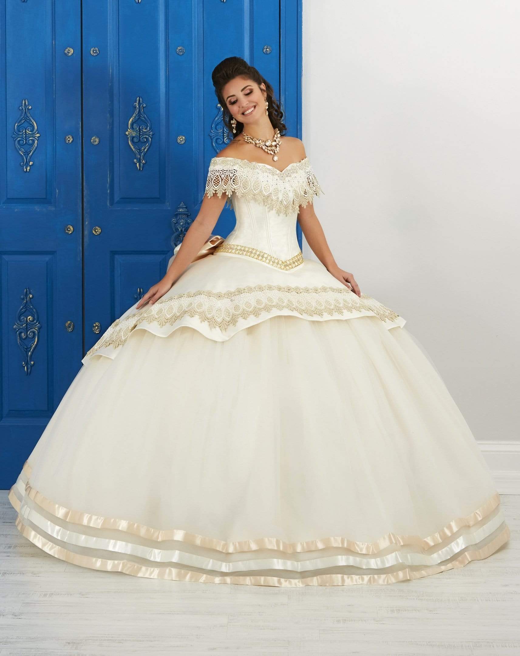 LA Glitter - 24046 Lace Applique Off-Shoulder Mikado Tulle Ballgown
