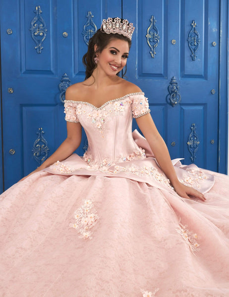 Basque Waistline Floral Print Beaded Peplum Glittering Crystal Applique Off the Shoulder Ball Gown Dress With a Bow(s)