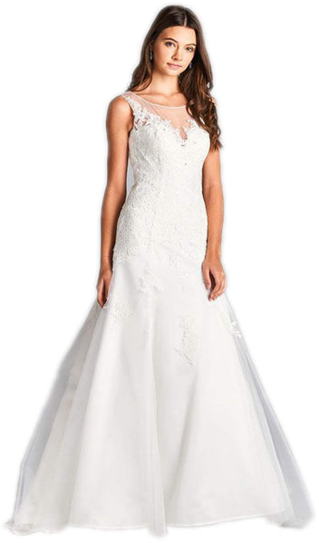 Sexy A-line Fitted Illusion Sheer Back Applique Sleeveless Lace Bateau Neck Sweetheart Floor Length Natural Waistline Wedding Dress with a Brush/Sweep Train