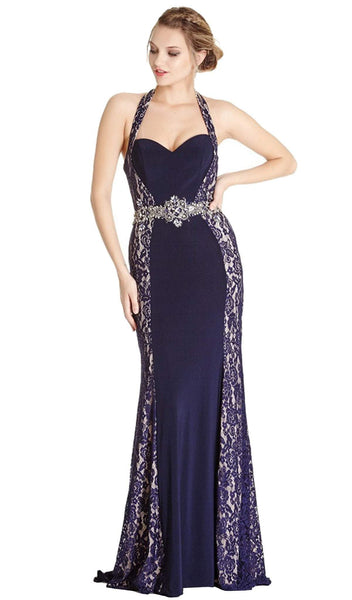 Fitted Glittering Applique Open-Back Wrap Jeweled Back Zipper Halter Lace Sleeveless Sheath Floor Length Natural Waistline Sheath Dress/Evening Dress with a Brush/Sweep Train