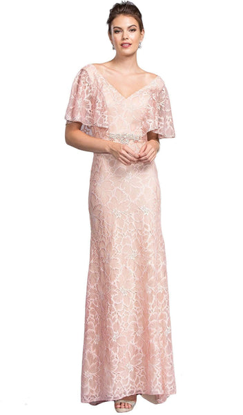 V-neck Fitted Lace Natural Waistline Flutter Sleeves Sheath Floor Length Sheath Dress/Mother-of-the-Bride Dress