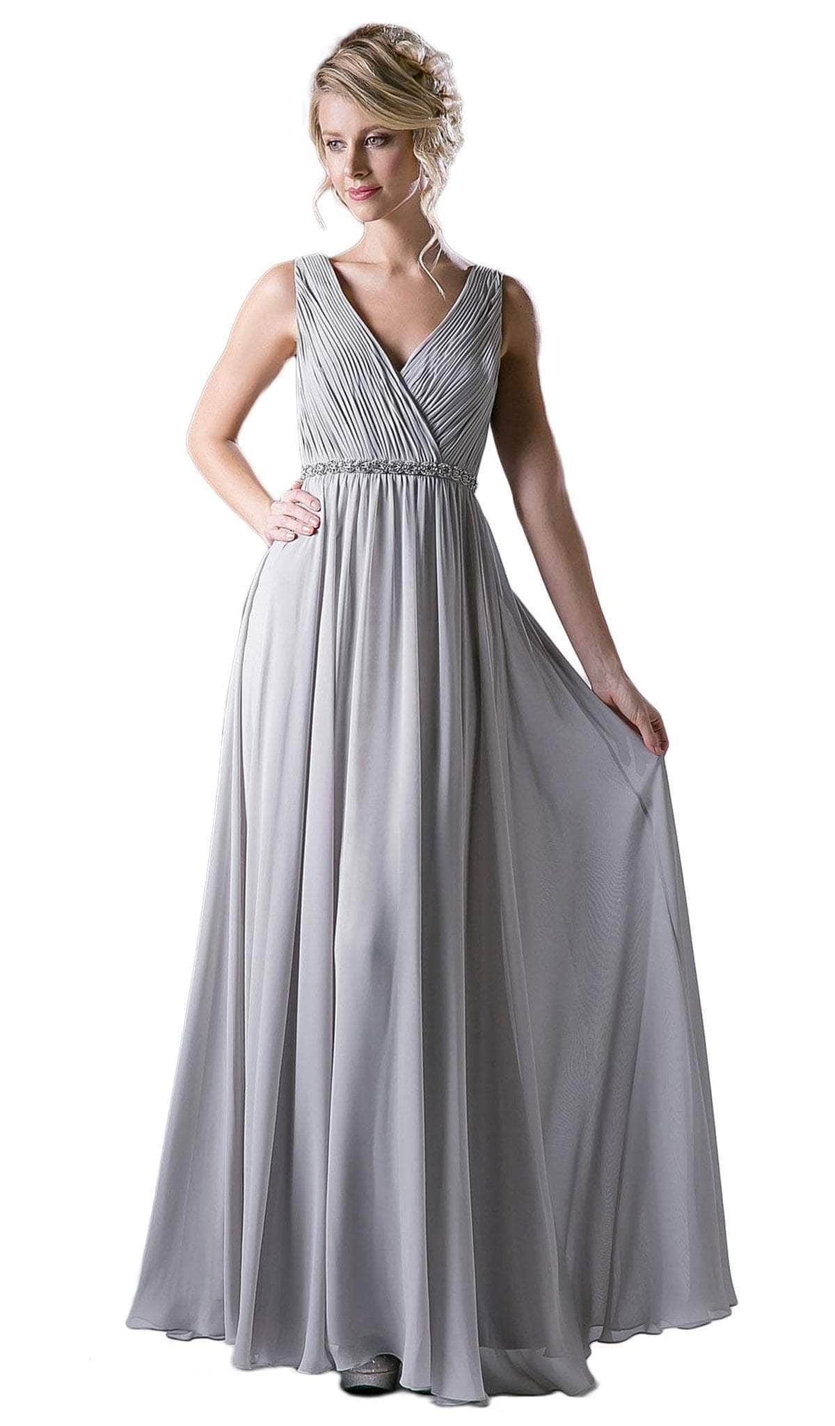 Ladivine 1001 - Adorned Surplice Pleated V-neck A-line Dress
