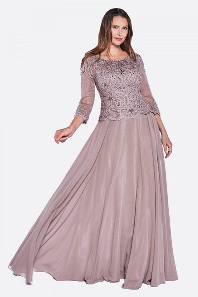 A-line General Print Scoop Neck Shirred Back Zipper Floor Length Dropped Waistline Scalloped Trim Fall Mother-of-the-Bride Dress/Party Dress With Rhinestones