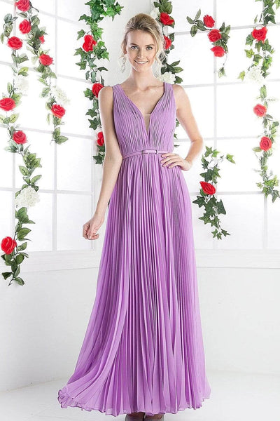 Sophisticated A-line V-neck Sleeveless Back Zipper Sheer V Back Goddess Pleated Belted Natural Waistline Floor Length Plunging Neck Bridesmaid Dress