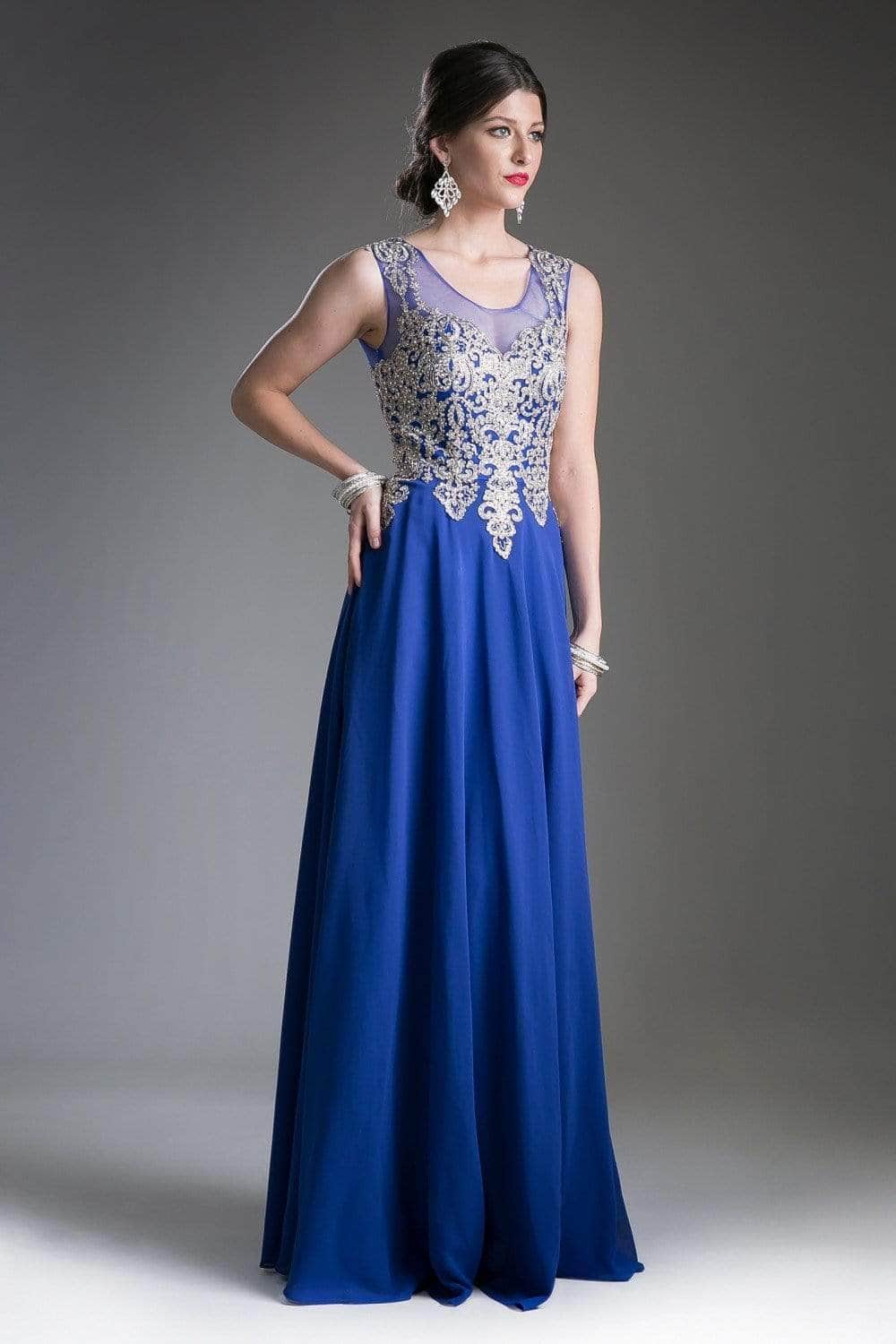 Ladivine 2635 - Jeweled Metallic Lace Illusion A-Line Chiffon Gown
