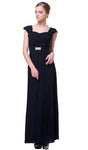 Sophisticated A-line V-neck Floor Length Cap Sleeves Pleated Open-Back Jeweled Sweetheart Dress