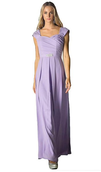 Sophisticated A-line V-neck Floor Length Sweetheart Cap Sleeves Pleated Jeweled Open-Back Dress