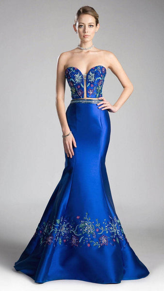 Strapless Sweetheart Sheer Open-Back Beaded Mermaid Floral Print Evening Dress with a Brush/Sweep Train