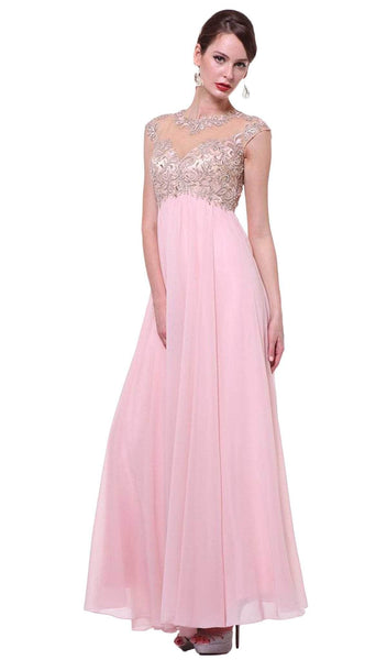 A-line Jeweled Neck Sweetheart Sheer Illusion Cap Sleeves Floor Length Empire Waistline Evening Dress