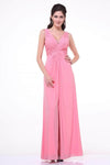 A-line V-neck Sleeveless Empire Waistline Plunging Neck Ruched Sheer Slit Evening Dress by Ladivine