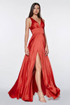 Sexy A-line V-neck Sleeveless Floor Length Ruched Fitted Flowy V Back Banding Back Zipper Slit Empire Waistline Satin Prom Dress