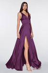 Sexy A-line V-neck Floor Length Back Zipper Flowy Ruched Slit V Back Banding Fitted Satin Sleeveless Empire Waistline Prom Dress