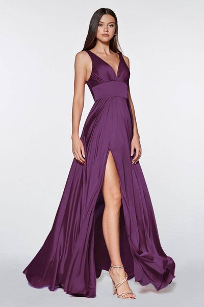 Sexy A-line V-neck Floor Length Sleeveless Flowy Banding Back Zipper V Back Fitted Slit Ruched Satin Empire Waistline Prom Dress