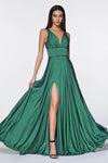 Sexy A-line V-neck Sleeveless Satin Back Zipper Banding Fitted Ruched Slit Flowy V Back Floor Length Empire Waistline Prom Dress