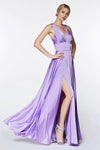 Sexy A-line V-neck Satin Empire Waistline Sleeveless Floor Length Flowy Slit Fitted Back Zipper Banding V Back Ruched Prom Dress