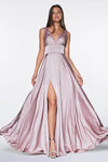 Sexy A-line V-neck Floor Length Sleeveless Satin Banding Back Zipper Ruched Fitted V Back Slit Flowy Empire Waistline Prom Dress