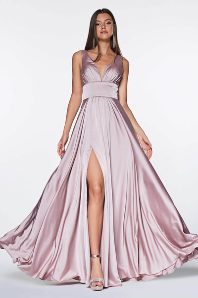 Sexy A-line V-neck Satin Flowy Slit Fitted V Back Ruched Banding Back Zipper Floor Length Empire Waistline Sleeveless Prom Dress