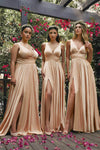 Sexy A-line V-neck Sleeveless Empire Waistline Satin Slit Flowy Ruched Back Zipper V Back Banding Fitted Floor Length Prom Dress