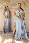 Sexy A-line V-neck Empire Waistline Satin Slit V Back Banding Fitted Ruched Back Zipper Flowy Floor Length Sleeveless Prom Dress