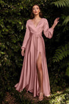 A-line V-neck Natural Waistline Floor Length Slit Flowy Hidden Back Zipper V Back Plunging Neck Bishop Long Sleeves Evening Dress/Bridesmaid Dress/Mother-of-the-Bride Dress/Prom Dress/Party Dress