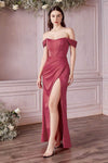 Lace-Up Slit Draped Fitted Basque Corset Waistline Off the Shoulder Sheath Floor Length Satin Sheath Dress