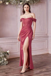 Floor Length Fitted Slit Lace-Up Draped Off the Shoulder Basque Corset Waistline Sheath Satin Sheath Dress