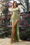 Off the Shoulder Draped Slit Fitted Lace-Up Floor Length Basque Corset Waistline Satin Sheath Sheath Dress