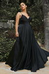 A-line V-neck Empire Waistline Satin Draped Slit Wrap Spaghetti Strap Evening Dress with a Brush/Sweep Train