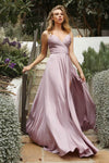 A-line V-neck Empire Waistline Wrap Slit Draped Spaghetti Strap Satin Evening Dress with a Brush/Sweep Train