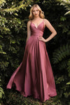 A-line V-neck Spaghetti Strap Wrap Slit Draped Satin Empire Waistline Evening Dress with a Brush/Sweep Train