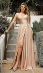 A-line V-neck Spaghetti Strap Satin Empire Waistline Slit Draped Wrap Evening Dress with a Brush/Sweep Train