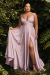 Sophisticated A-line V-neck Sweetheart Empire Waistline Spaghetti Strap Wrap Draped Slit Satin Dress with a Brush/Sweep Train