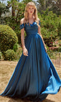 A-line Sweetheart Floor Length Satin Off the Shoulder Slit Ruched Flowy Faux Wrap Natural Waistline Evening Dress with a Brush/Sweep Train