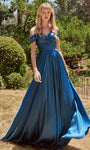 A-line Sweetheart Satin Slit Ruched Faux Wrap Flowy Off the Shoulder Floor Length Natural Waistline Evening Dress with a Brush/Sweep Train