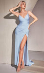 Sexy V-neck Slit Ruched Faux Wrap Open-Back Satin Sheath Sleeveless Spaghetti Strap Sheath Dress/Evening Dress with a Brush/Sweep Train by Ladivine