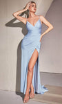 Sexy V-neck Satin Sheath Sleeveless Spaghetti Strap Floor Length Natural Waistline Open-Back Ruched Faux Wrap Back Zipper Slit Sheath Dress/Evening Dress with a Brush/Sweep Train