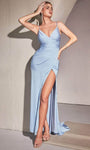 Sexy V-neck Sheath Ruched Back Zipper Faux Wrap Slit Open-Back Floor Length Satin Natural Waistline Sleeveless Spaghetti Strap Sheath Dress/Evening Dress with a Brush/Sweep Train