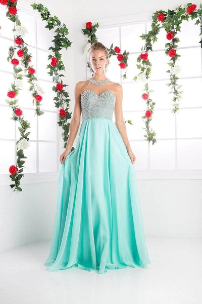 Sophisticated A-line Chiffon Floor Length Sheer Racerback Illusion Cutout Halter Sweetheart Flutter Sleeves Dress With Pearls