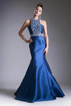 Halter Back Zipper Cutout Fitted Beaded Geometric Print Mermaid Dress with a Brush/Sweep Train